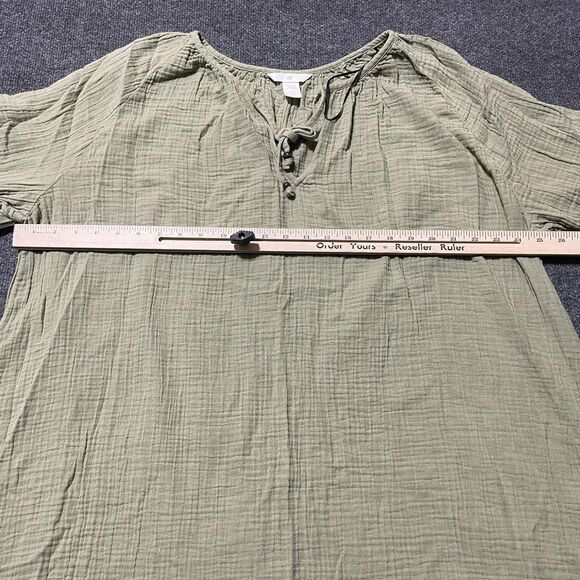 H&M Shirt Womens 2XL Green Crinkle Gauze Peasant Tunic 3/4 Sleeve Lace Up Boho - Picture 7 of 9